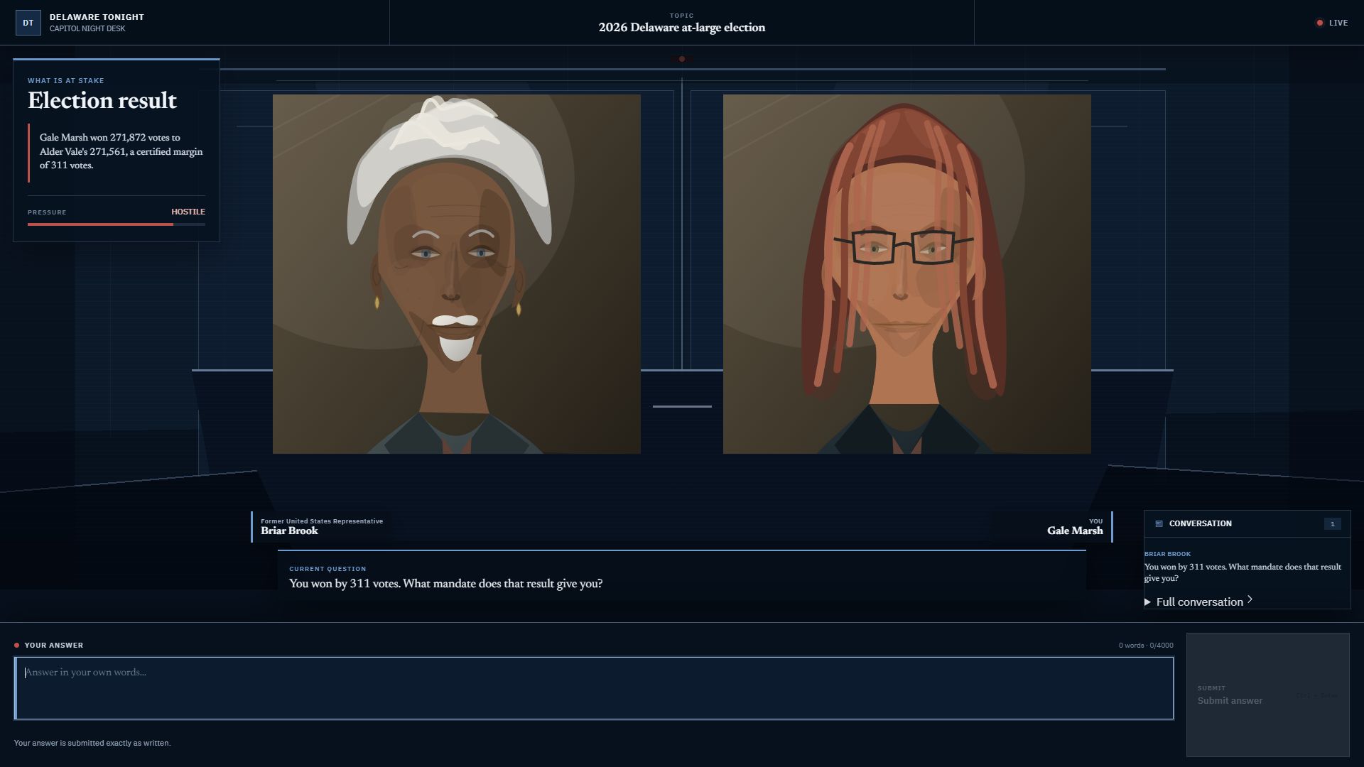 A live interview asks the player what mandate a 311-vote victory provides