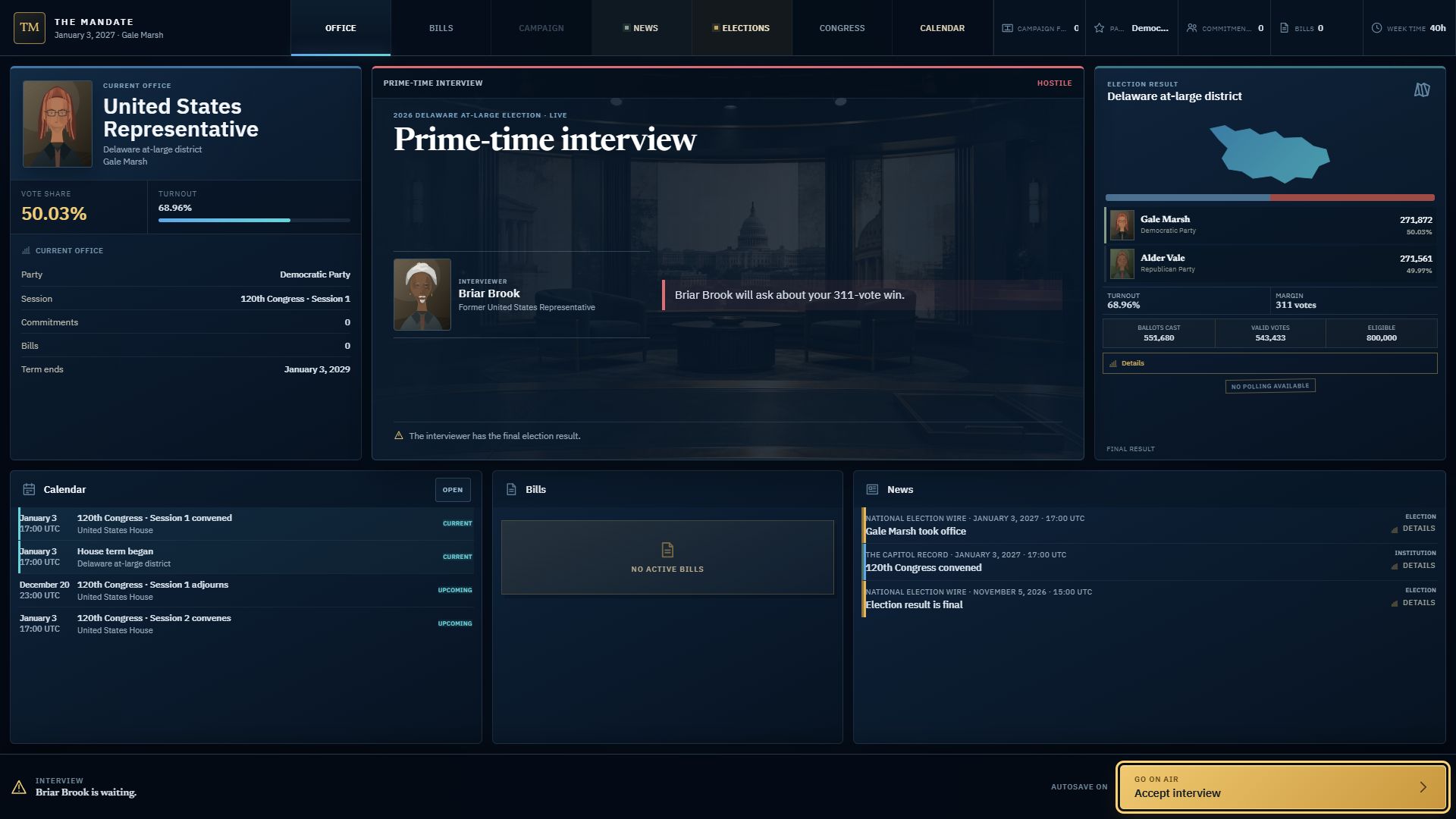 The Mandate office screen with a hostile television interview waiting for the player