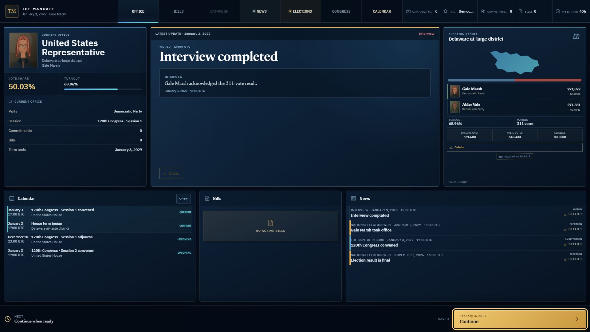 The office screen records the completed interview as a world event